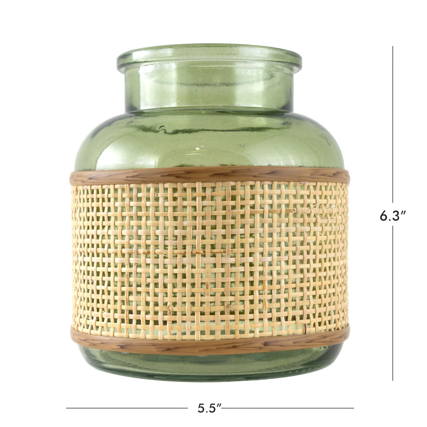 6" Green Translucent Glass Indoor Tabletop Vase with Natural Rattan Caning Wrap