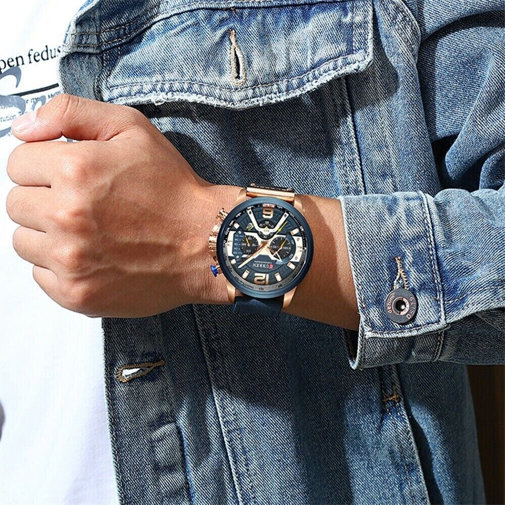 Fashion Curren Multi Function Men Leather Strap Quartz Watch Analog Calendar