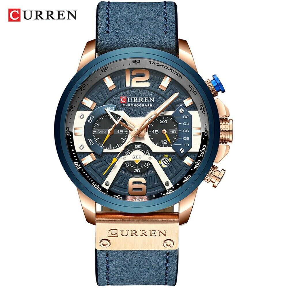 Fashion Curren Multi Function Men Leather Strap Quartz Watch Analog Calendar