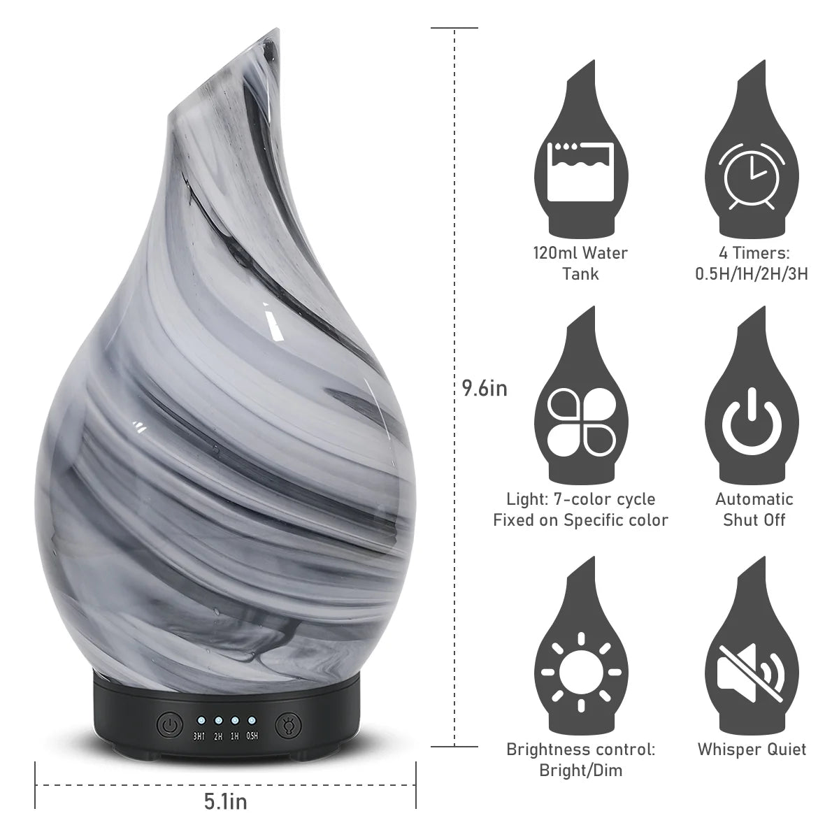 Essential Oil Diffuser 120Ml Ultrasonic Aromatherapy Diffuser with Handmade Glass BPA Free Waterless Auto-Off, 4 Timer Setting 7 Colors Changed LED for Home Yoga Office