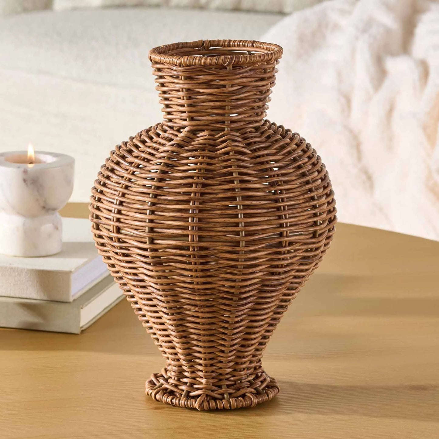 10" Brown Woven Faux Rattan Indoor Vase