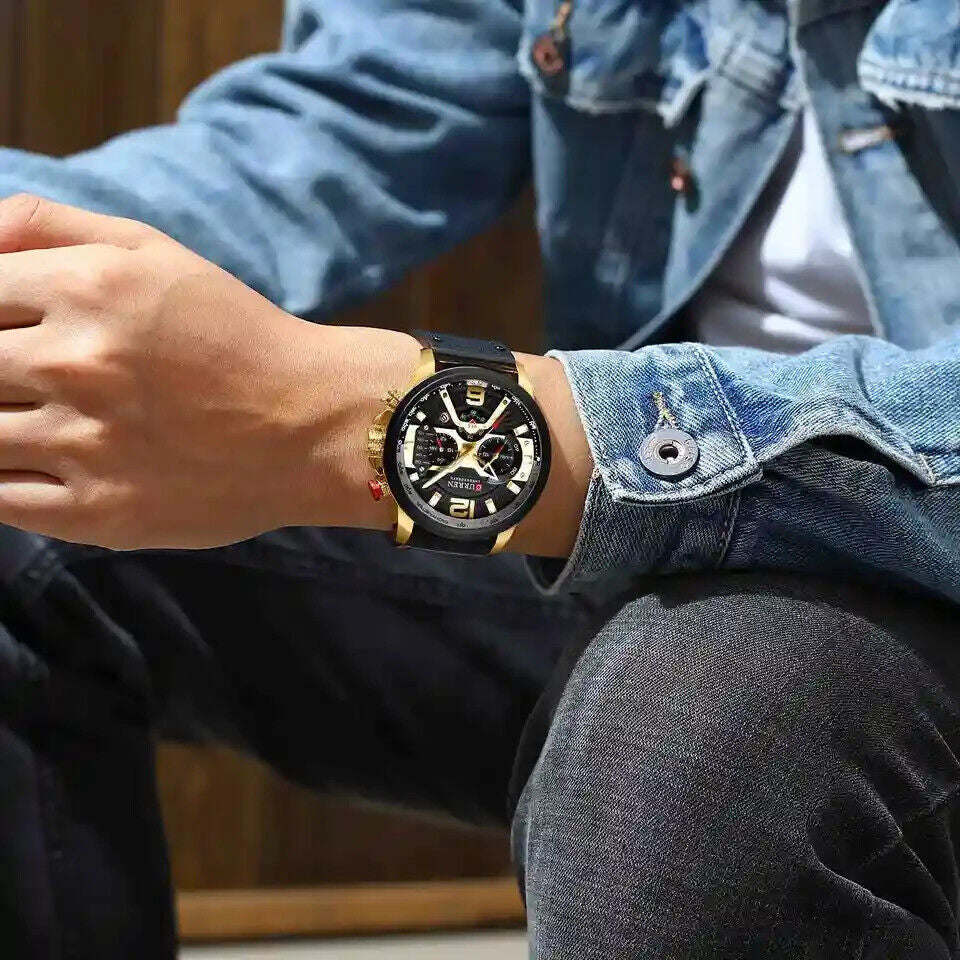 Fashion Curren Multi Function Men Leather Strap Quartz Watch Analog Calendar