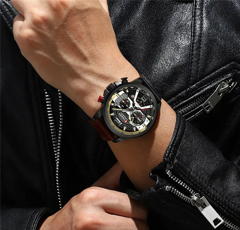 Fashion Curren Multi Function Men Leather Strap Quartz Watch Analog Calendar