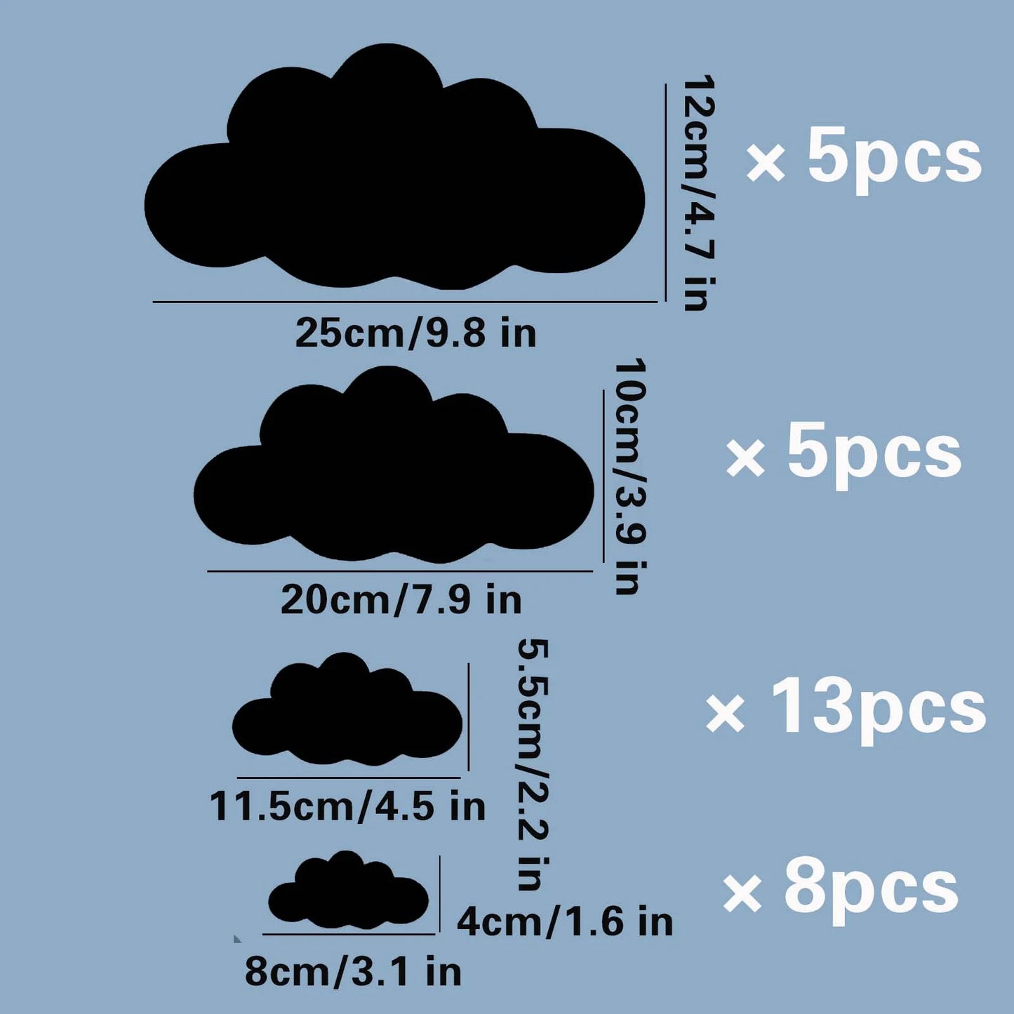 Big Clouds Wall Decals Removable DIY Large Vinyl Wall Stickers Self Adhesive (31 Set 4-10 In, Black)