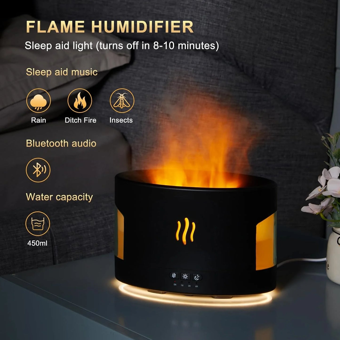 Flame Diffuser-Volcano Diffuser-With Remote Control, Bluetooth Speaker & White Noise Function, Flame Humidifier Fire Diffuser for Bedroom Home Office Yoga Gym