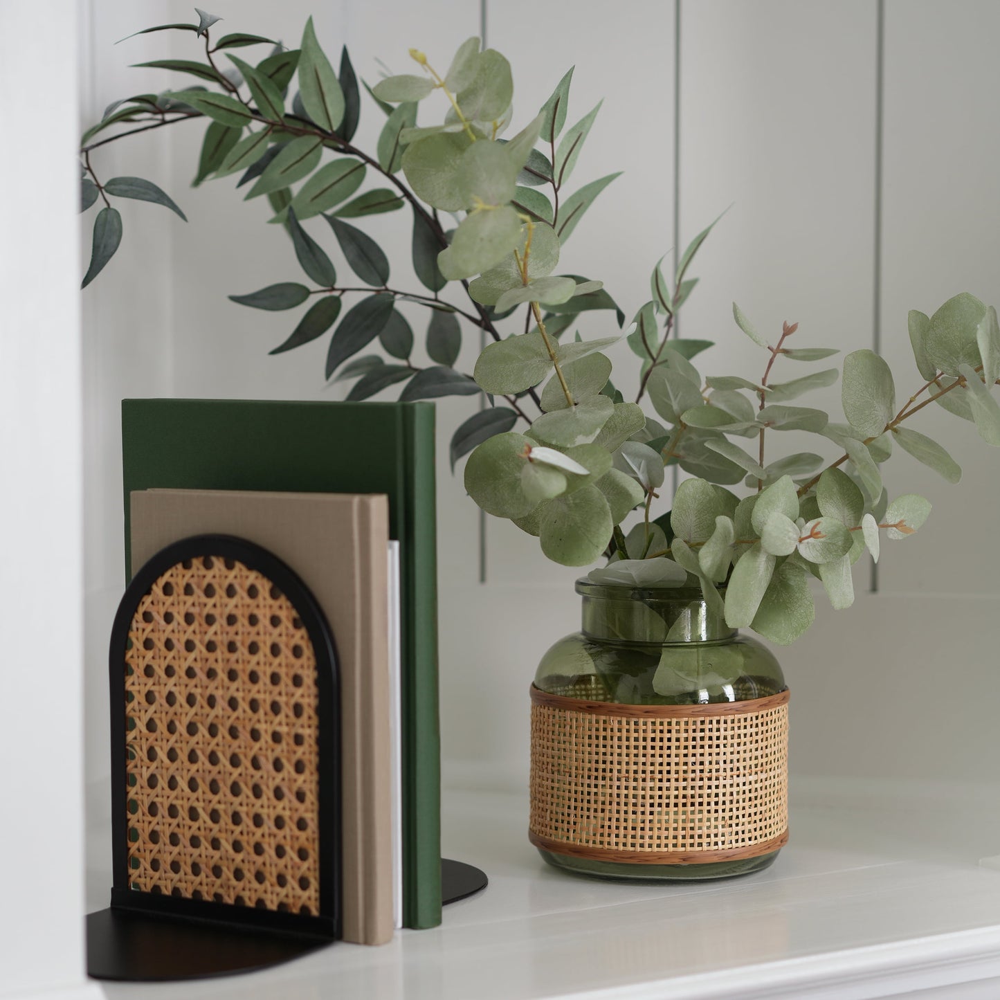6" Green Translucent Glass Indoor Tabletop Vase with Natural Rattan Caning Wrap