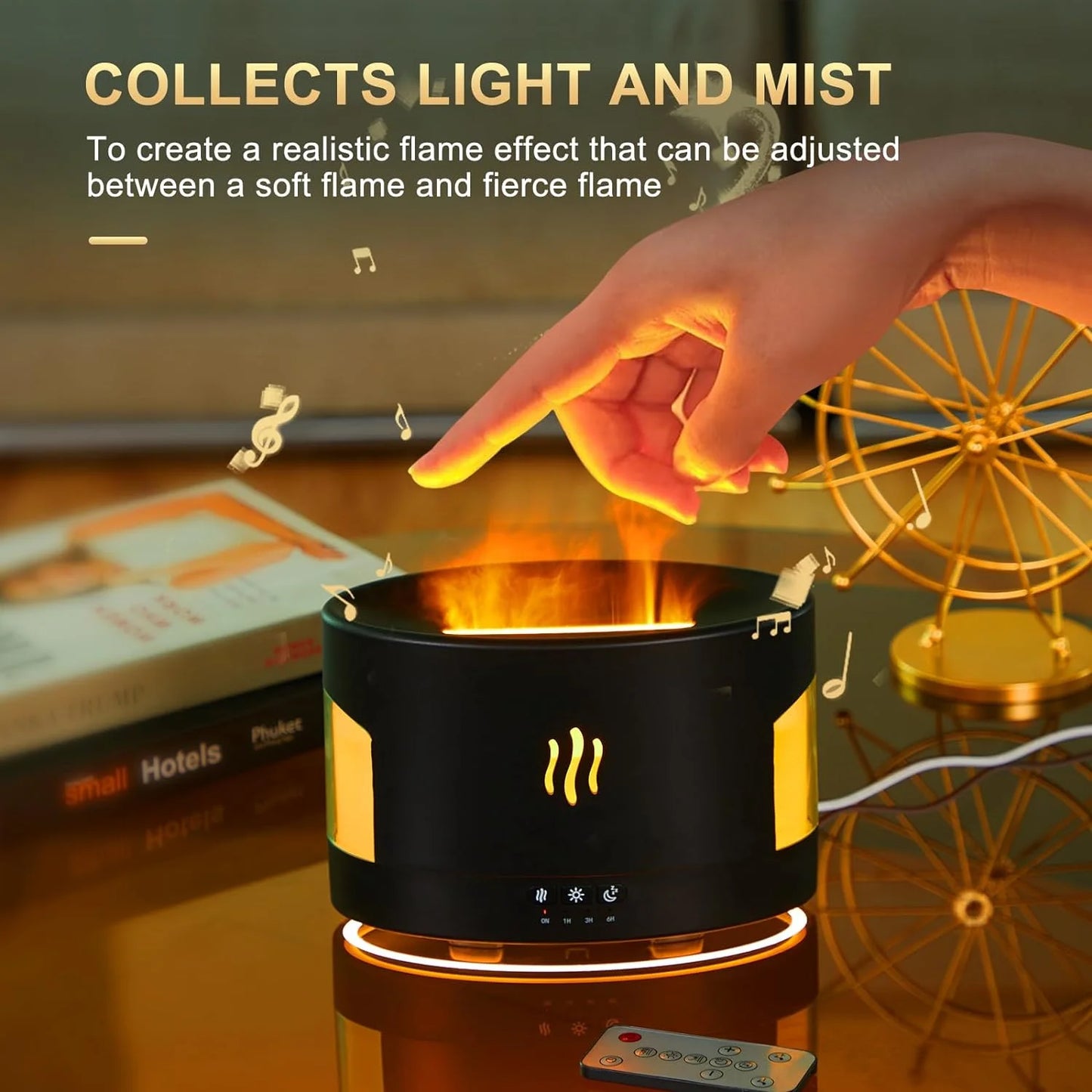 Flame Diffuser-Volcano Diffuser-With Remote Control, Bluetooth Speaker & White Noise Function, Flame Humidifier Fire Diffuser for Bedroom Home Office Yoga Gym