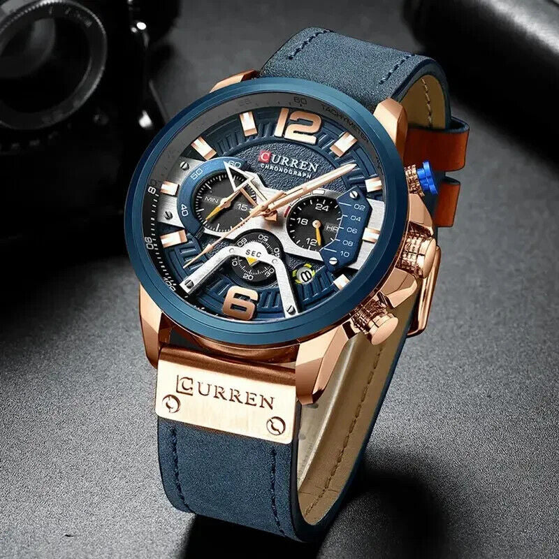 Fashion Curren Multi Function Men Leather Strap Quartz Watch Analog Calendar