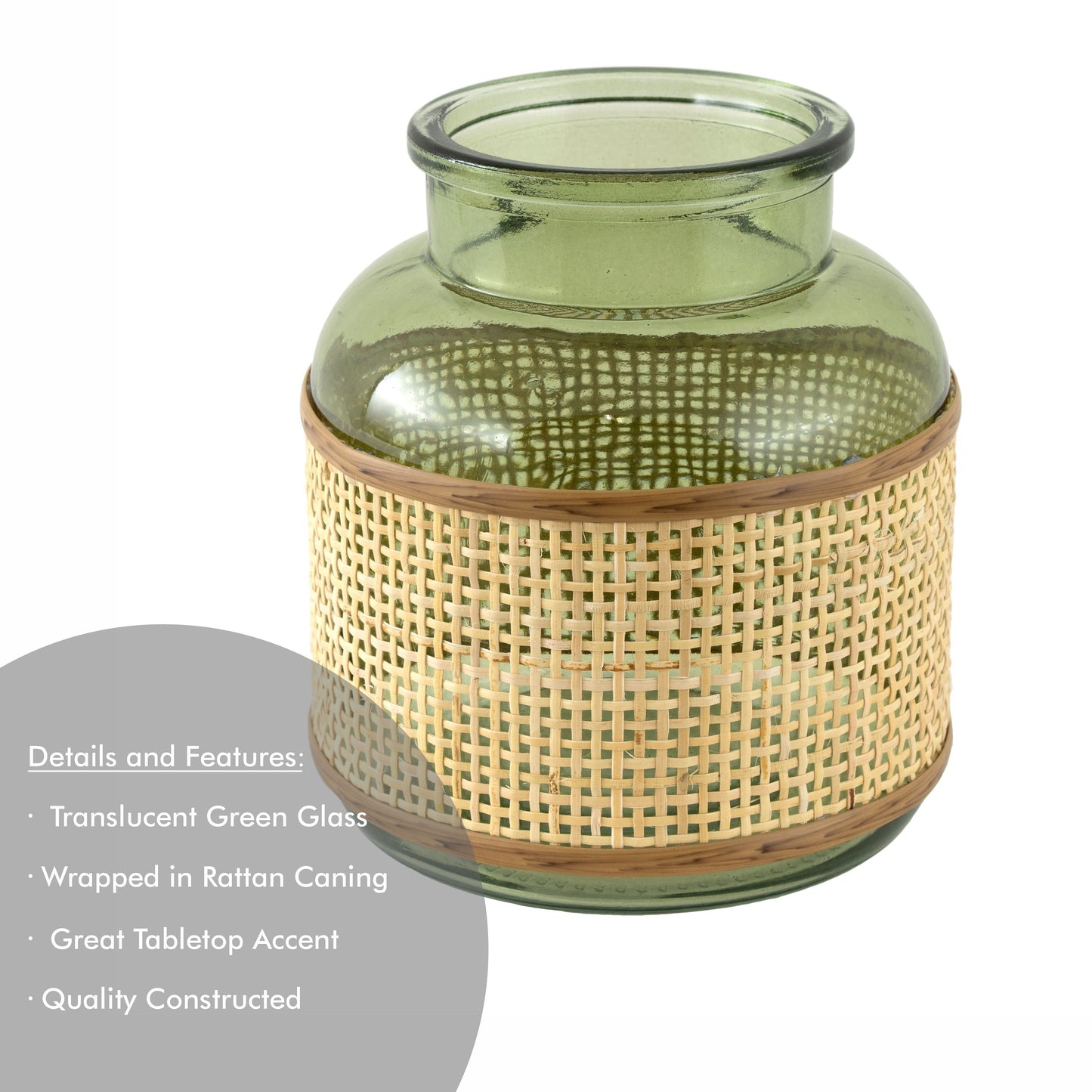 6" Green Translucent Glass Indoor Tabletop Vase with Natural Rattan Caning Wrap