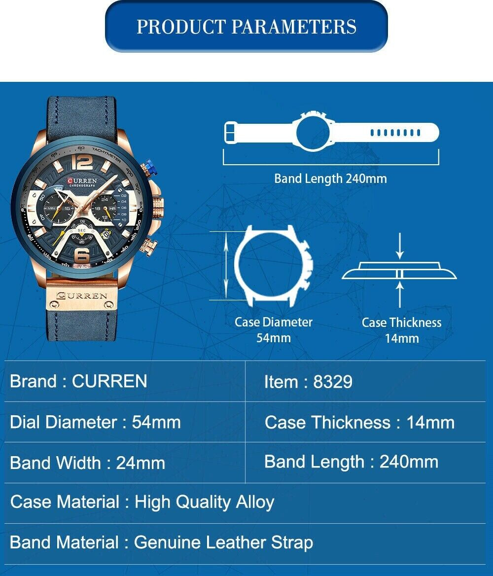 Fashion Curren Multi Function Men Leather Strap Quartz Watch Analog Calendar