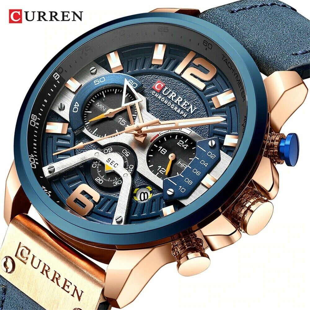 Fashion Curren Multi Function Men Leather Strap Quartz Watch Analog Calendar