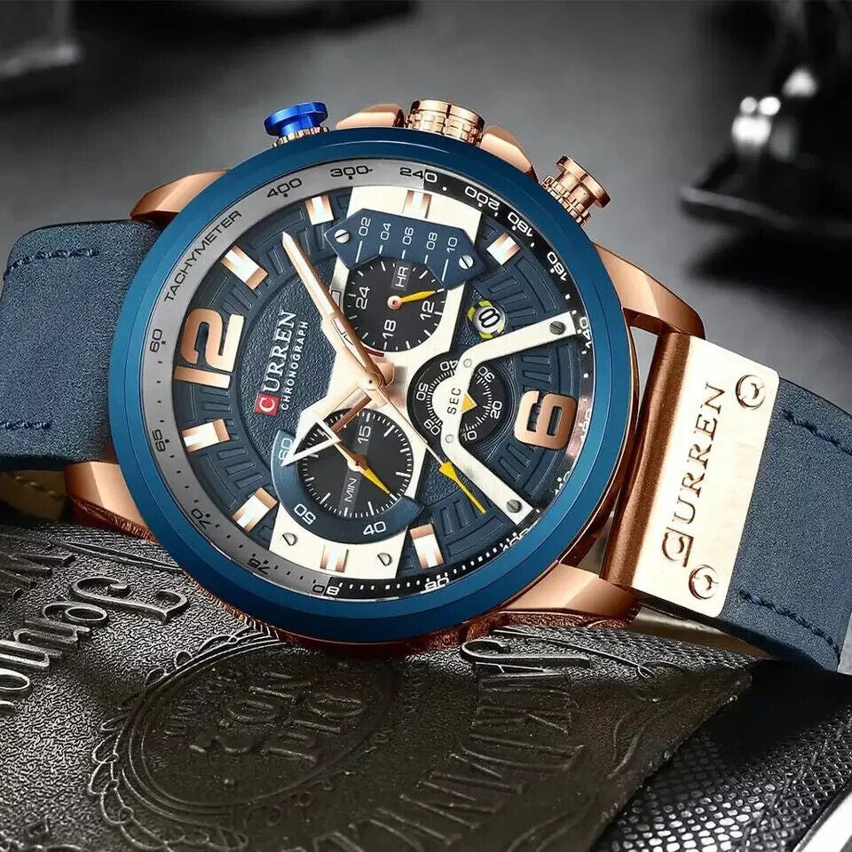 Fashion Curren Multi Function Men Leather Strap Quartz Watch Analog Calendar