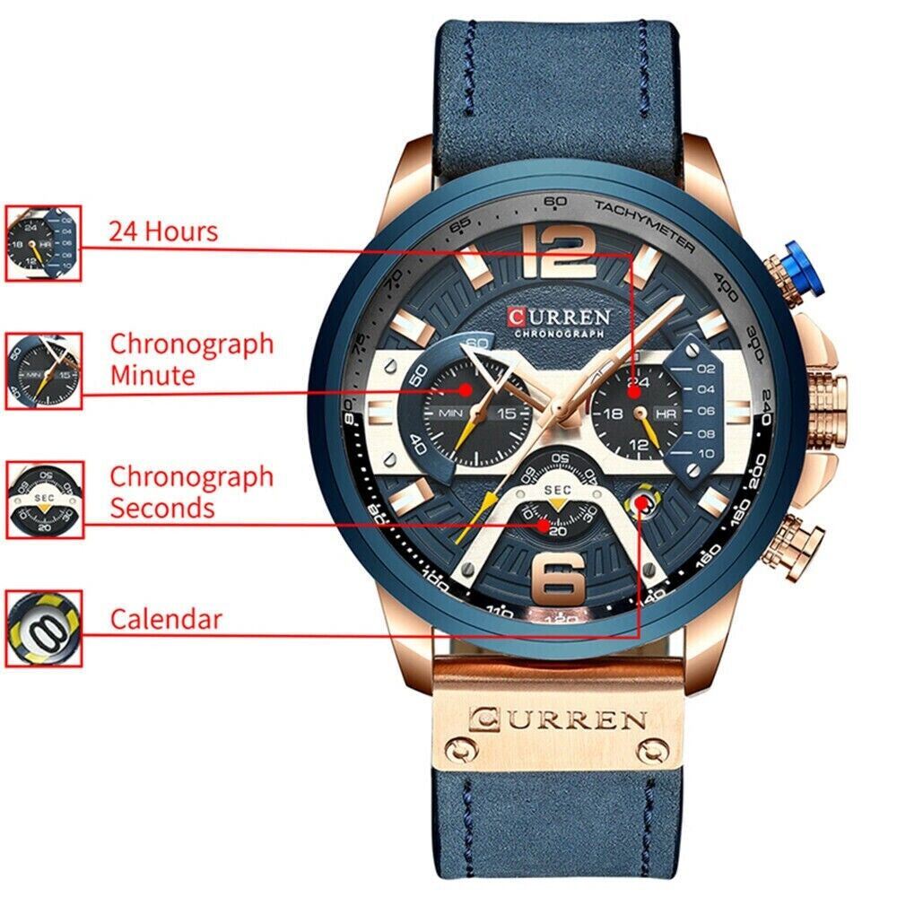 Fashion Curren Multi Function Men Leather Strap Quartz Watch Analog Calendar