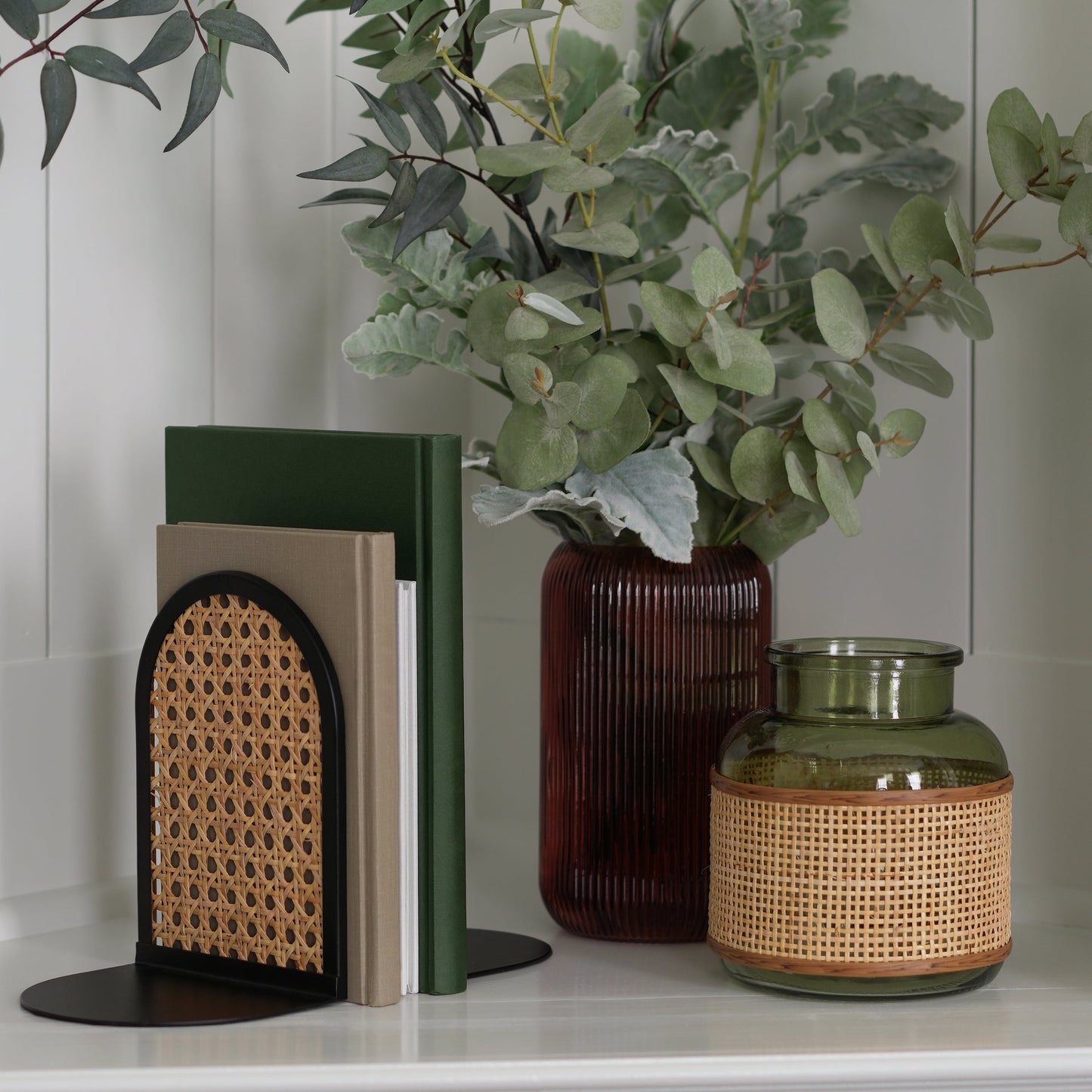6" Green Translucent Glass Indoor Tabletop Vase with Natural Rattan Caning Wrap