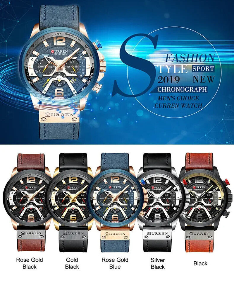 Fashion Curren Multi Function Men Leather Strap Quartz Watch Analog Calendar
