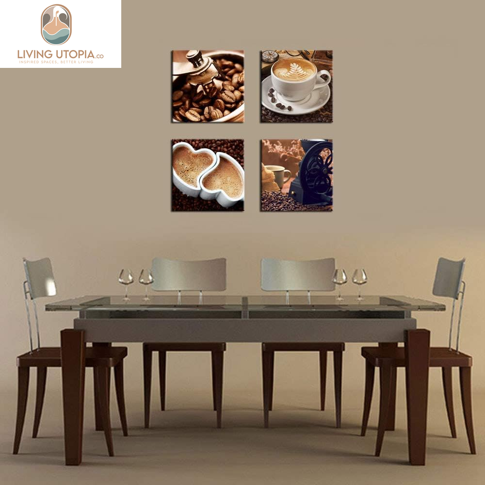 Kitchen Canvas Wall Art Coffee Bean Coffee Cup Coffee Grinder Canvas Pictures Large Modern Artwork Prints for Dining Room Home Decorations 16" X 16" X 4 Pieces Framed Ready to Hang