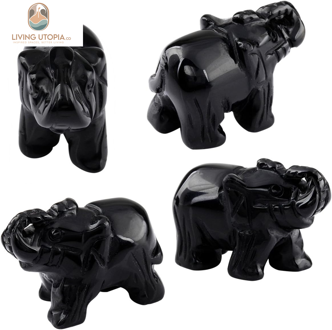 Black Obsidian Crystal Elephant Sculpture Statue Crafts Healing Reiki Pocket Gemstone Figurines 1.5 Inch