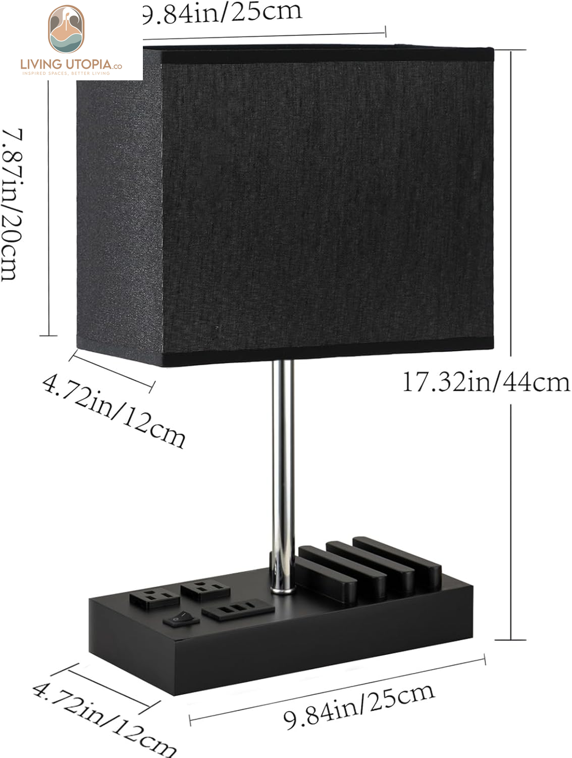 USB Table Lamp, Multi-Functional Bedside Desk Lamp with 2 AC Outlets, 3 USB Charging Ports and Wooden Phone Stand Organizer, Ideal Nightstand Lamp for Bedroom, Black Shade