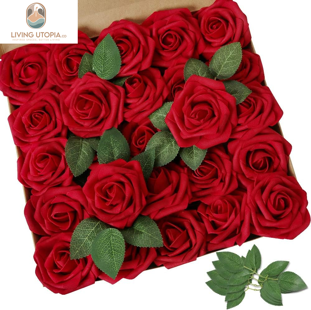Artificial Flowers Dark Red Rose 50Pcs Real Looking Fake Roses W/Stem for DIY Wedding Bouquets Centerpieces Arrangements Party Baby Shower Home Decorations