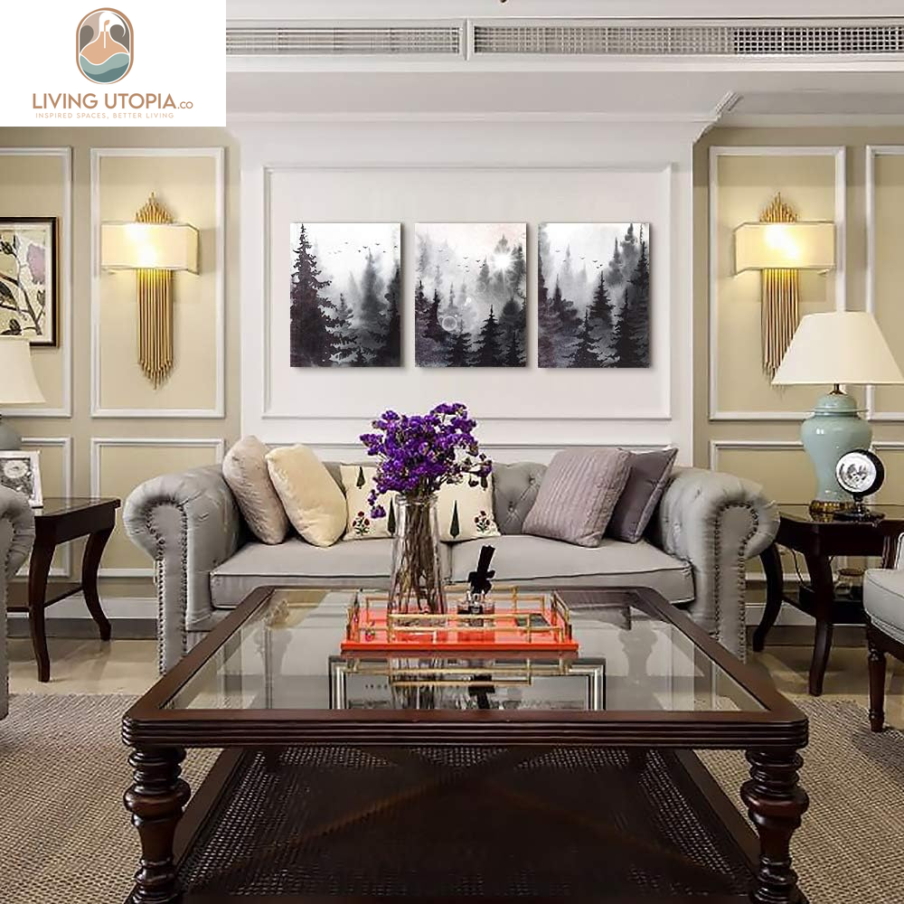 Scenery Watercolor Painting 3 Pieces Canvas Wall Art for Living Room Wall Decor for Bedroom Decorations Modern Office Home Decoration Black and White Forest Landscape Posters Canvas Prints Artwork