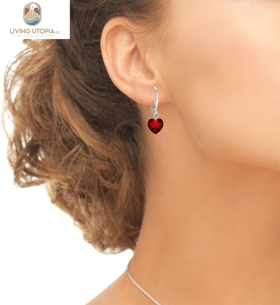 Sterling Silver European Crystal Dainty Heart Leverback Dangle Earrings for Women