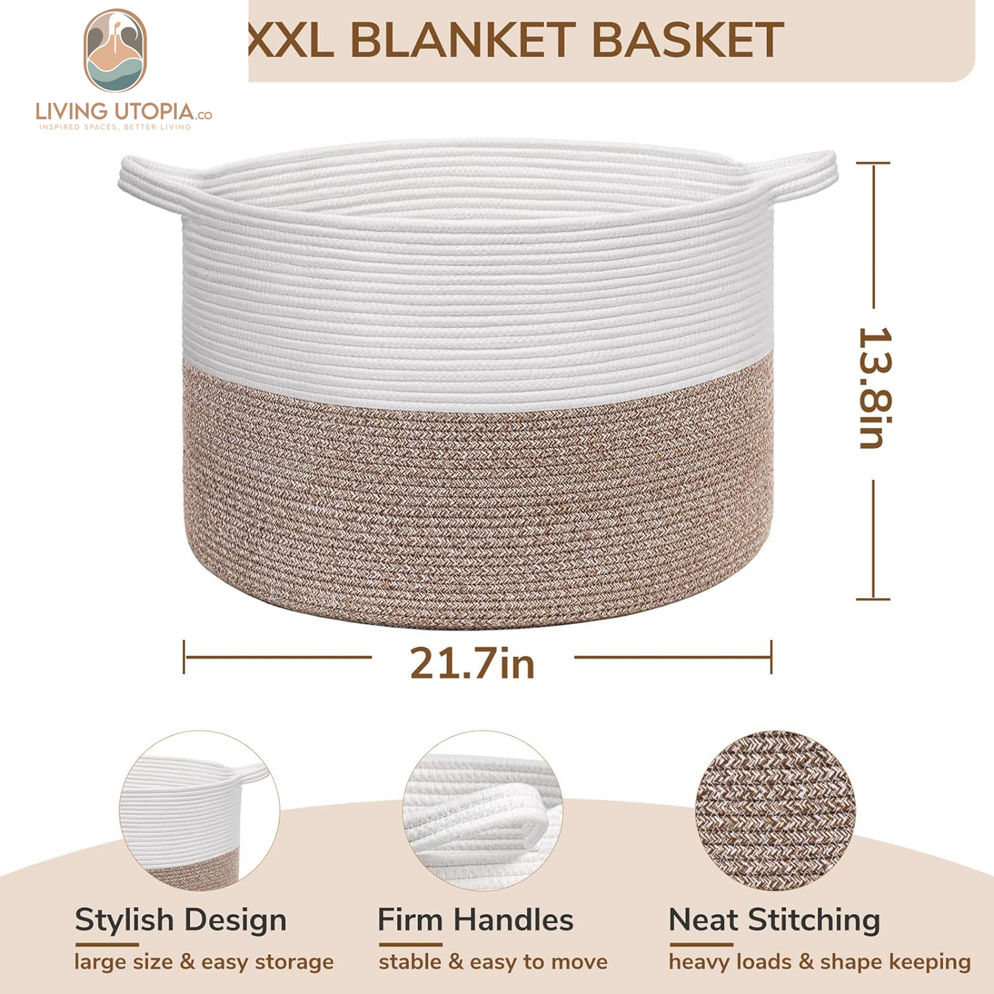 Xxxlarge Cotton Rope Basket 21.7" X 21.7" X 13.8" Woven Baby Laundry Blanket Basket Toy Basket with Handle Storage Comforter Cushions Thread Laundry Hamper White & Brown