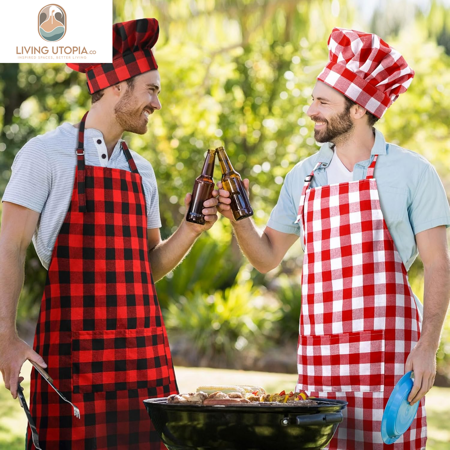 2 Pcs Chef Costume for Women Men Chef Hat Apron Set for Adult Baker Apron Hat for Cooking Cosplay(Red, White,Plaid Style)