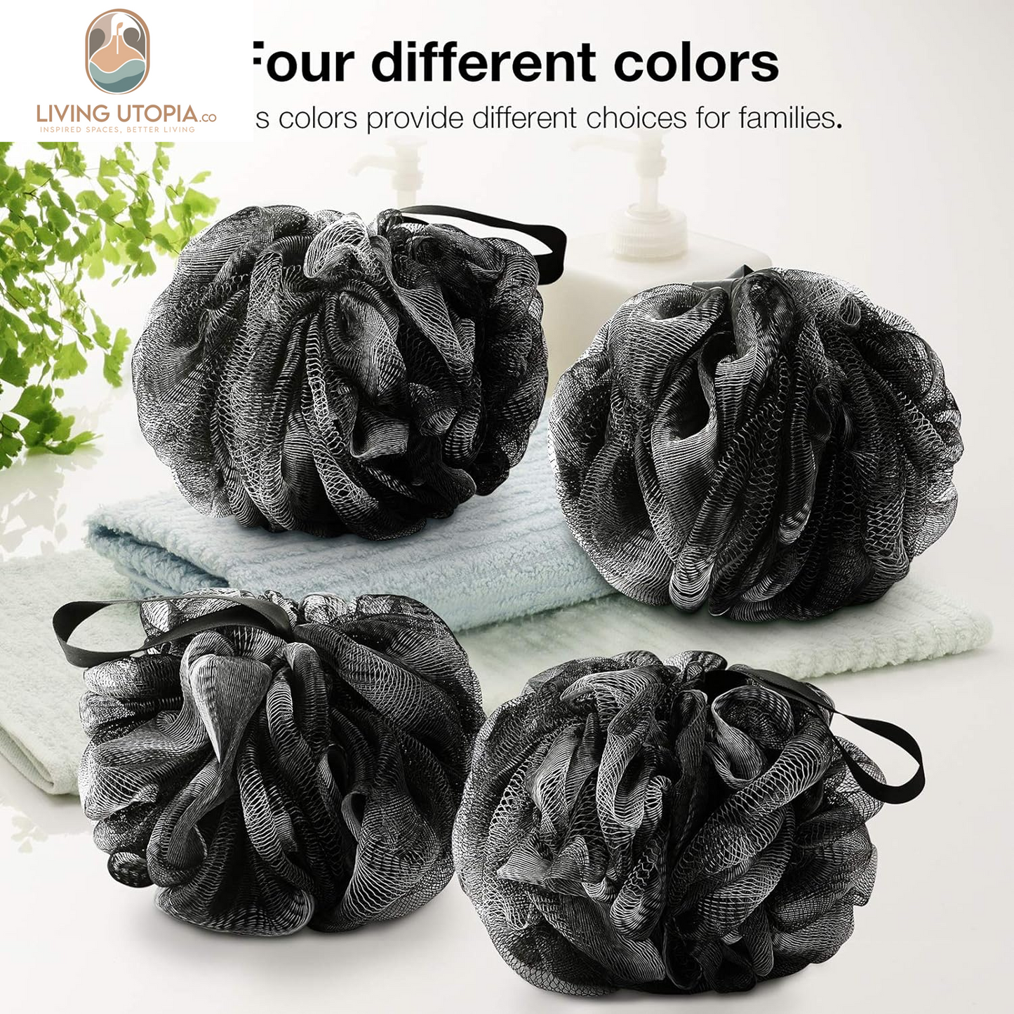 Bath Shower Loofah Sponge 60G Bath Mesh Pouf Shower Ball Body Scrubber Exfoliating Bath Sponge for Women and Men, Set of 4, Black