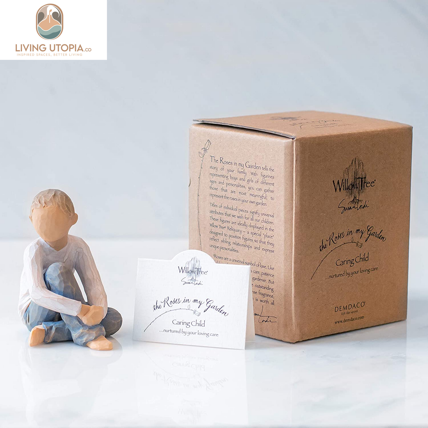 Caring Child, Nurtured by Your Loving Care, Seated Boy Figure in Blue Jeans, Works Well in Groupings That Reflect Family Relationships, Sculpted Hand-Painted Figure