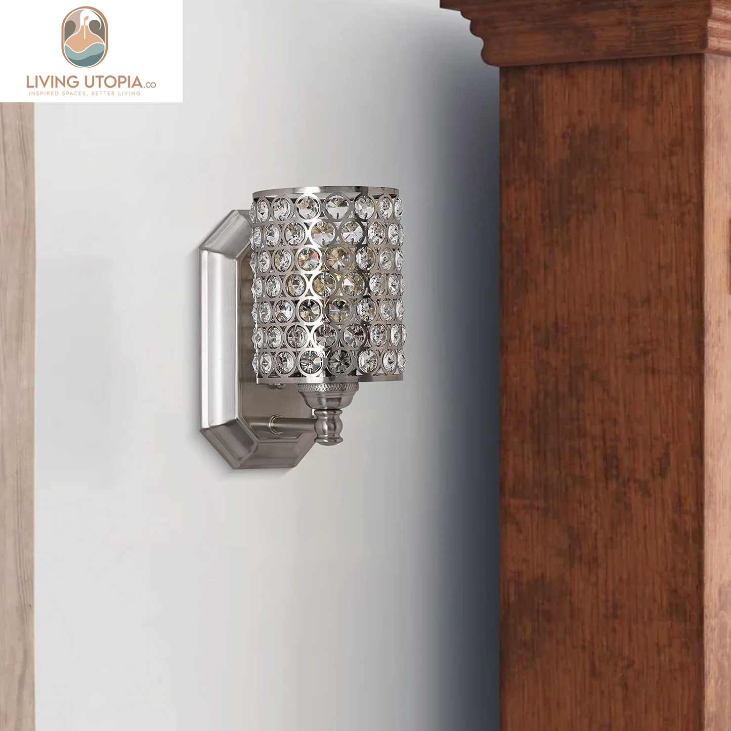 2 Pack 1 Light Crystal Wall Sconce Lighting with Brushed Nickel Finish,Modern Concise Style Wall Light Fixture Polyhedral Crystal Shade for Bathroom, Bedroom Living Room Bedside