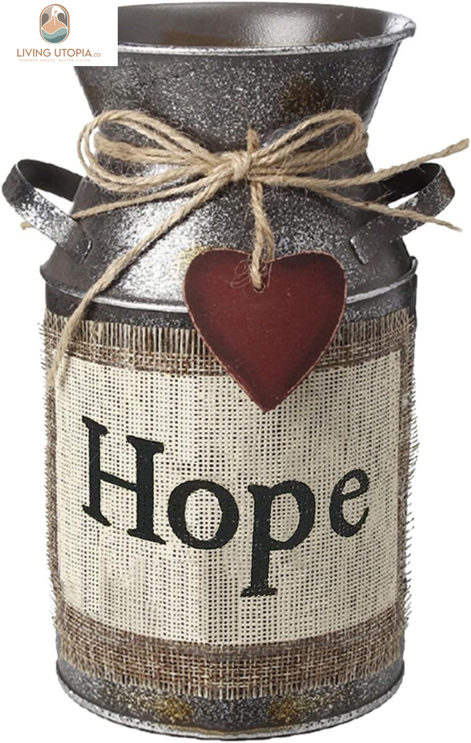 7.5" High Rustic Decorative Vase with Greetings and Rope Design, Metal Milk Can Country Jug for Living Room, Bedroom, Kitchen(Hope)