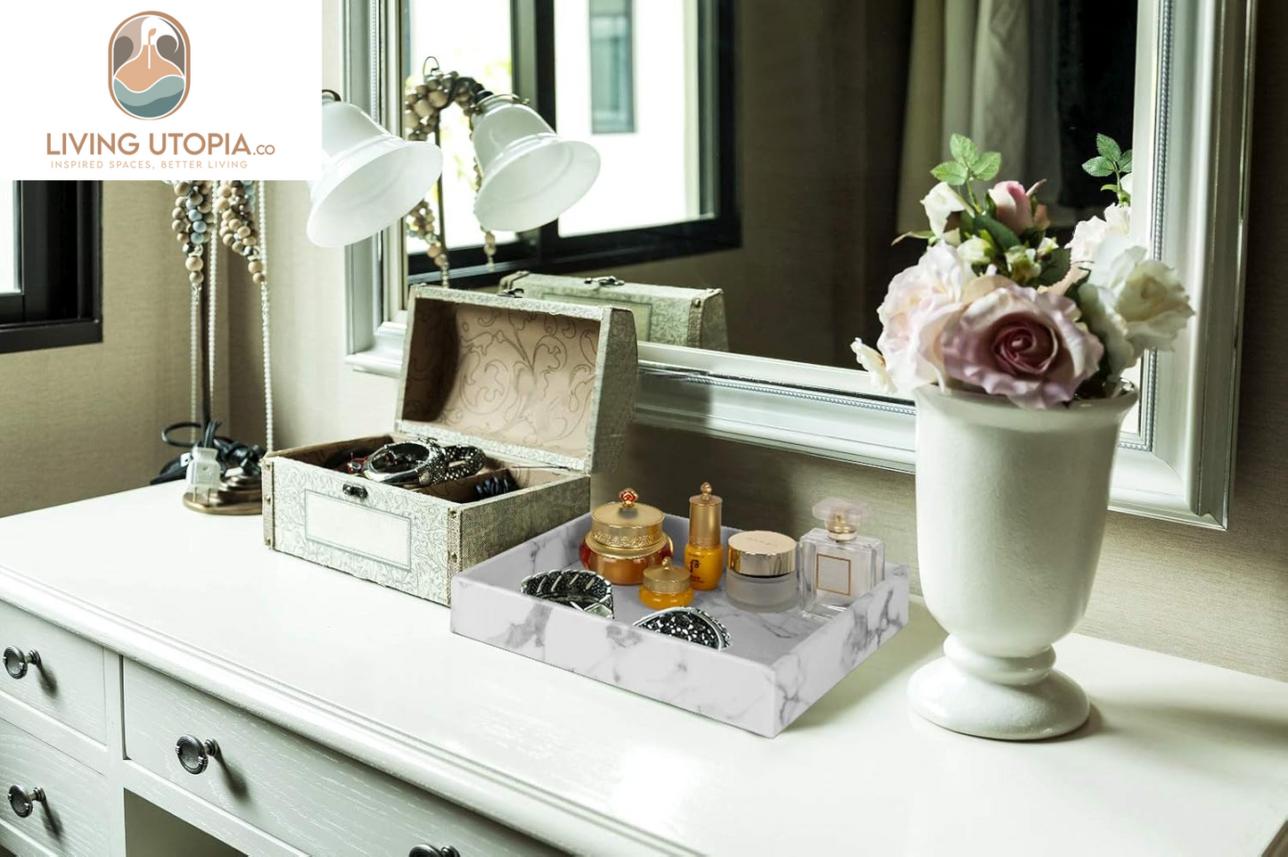 Faux Leather Vanity Tray Jewelry Tray for Gift, Elegant Desktop Storage Organizer, Decorative Catchall, Valet Tray, Nightstand or Dresser Organizer, 10.2 X 8.4 X 1.8 Inches (White)