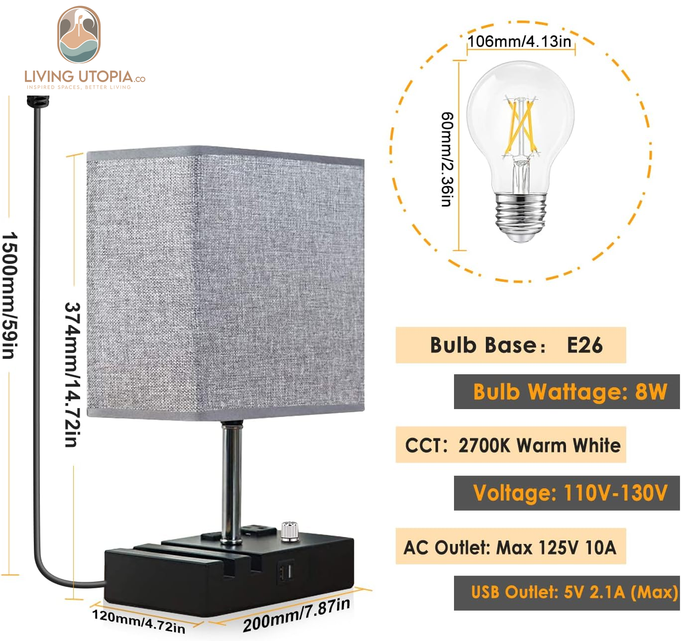 Fully Dimmable Table Lamp, Lamp for Bedroom 2 USB Ports, Bedside Lamps with 2 AC Outlet and Phone Slots, Small Table Lamp for Living Room, Grey Nightstand Lamp for Reading, LED Bulb Included