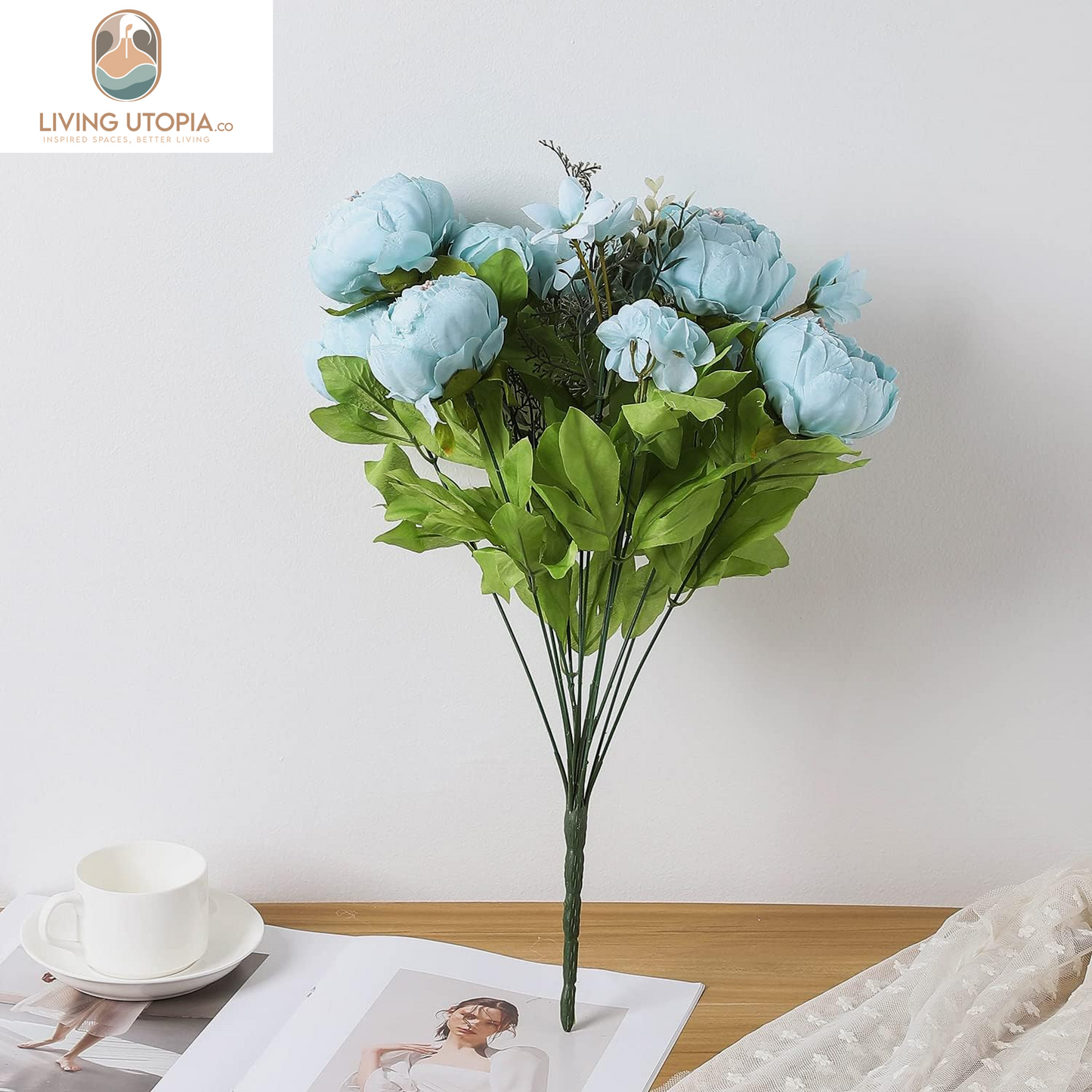Artificial Peony Silk Flowers Fake Flowers Vintage Wedding Home Decoration,Pack of 1 (Spring Blue)