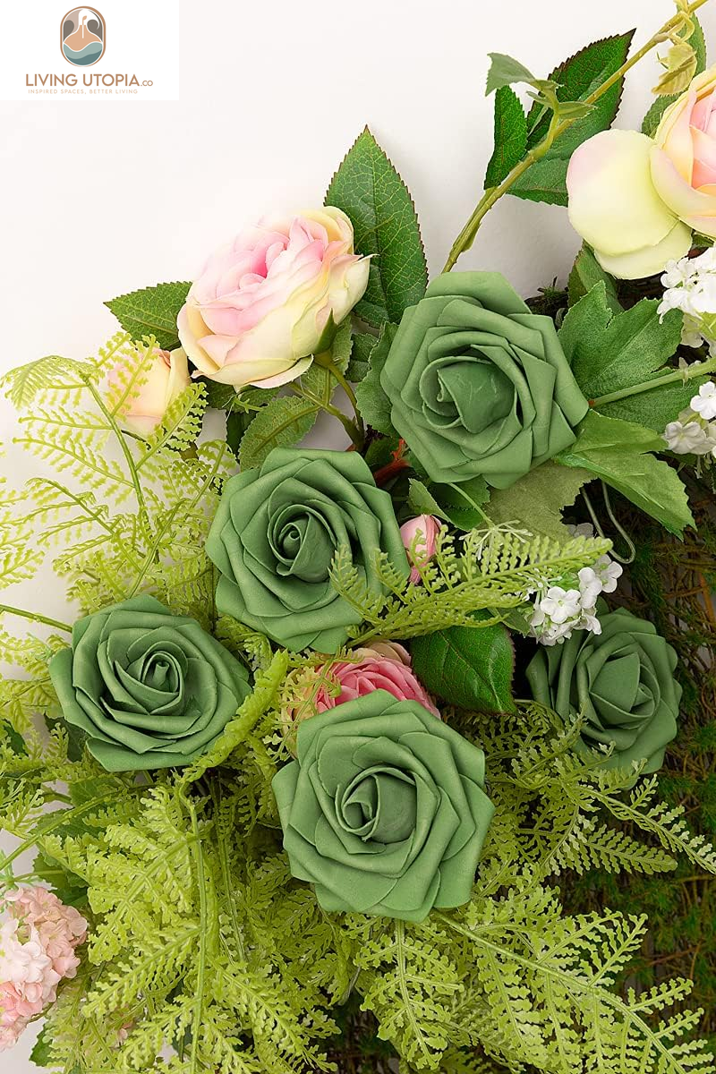Artificial Flowers Roses Army Green Foam Rose 50Pcs Fake Flowers with Stem for DIY Wedding Bouquets Centerpieces Bridal Baby Shower Party Home Shower Arrangement Decoration