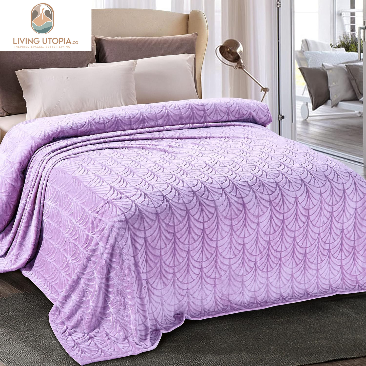 Flannel Fleece Twin Size Blanket for Bed, Soft Fluffy Velvet Bedspread Coverlet with Decorative Vintage Pattern for All Season, Warm and Lightweight, 90X66 Inch, Lilac