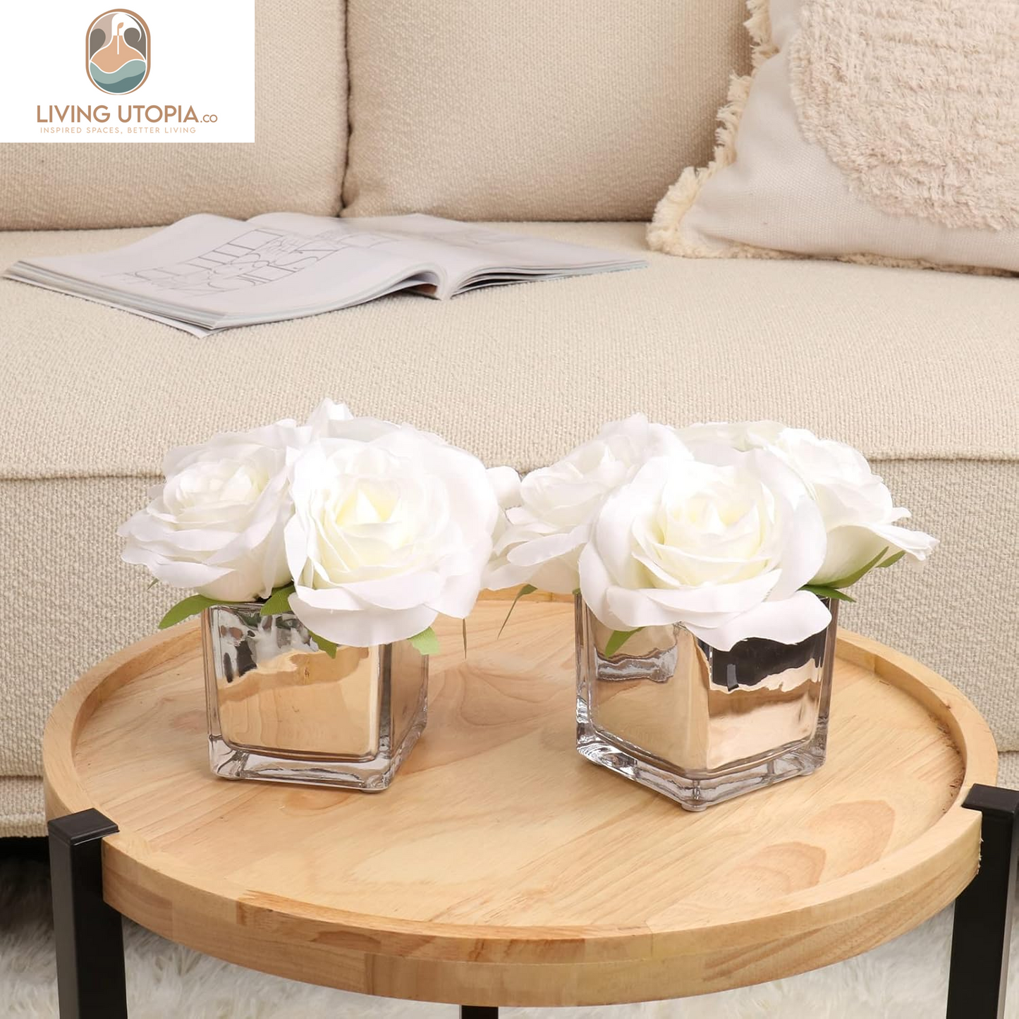 2 Pack Fake Flowers with Vase, Silk Roses Artificial Flowers in Vase, Faux Flower Arrangement with Vase Suitable for Home Office Decoration, Dining Table Centerpiece, Valentine'S Day