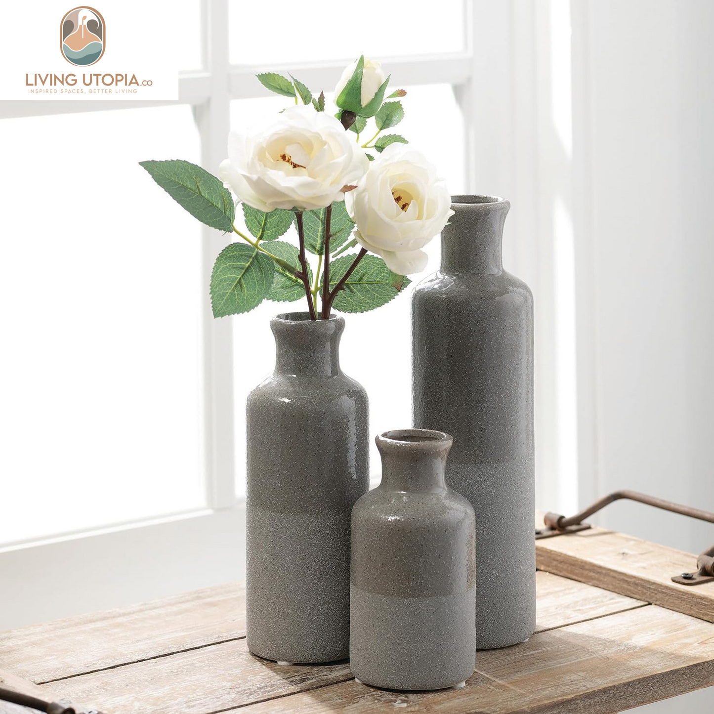 Two-Toned Grey Ceramic Vase Set, Farmhouse Decor, Home Decorative Vases for Your Kitchen, Bedroom, Office, Living Room, Bathroom, & Shelf Centerpiece Table Decorations (CM2859)
