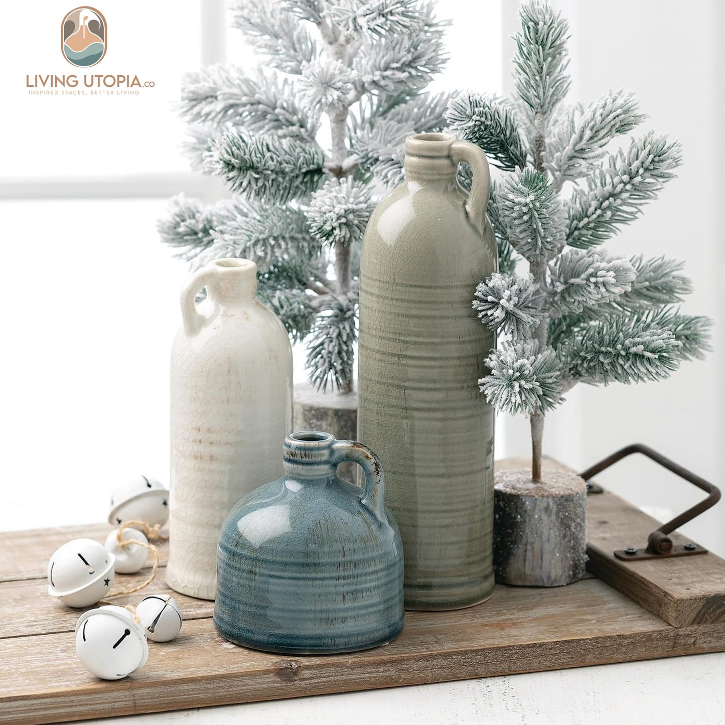Ceramic Jug Vase Set, Farmhouse Decor, Kitchen, Bedroom, Office, Living Room, Bathroom, & Coffee Table Centerpiece Decorations, Vases for Decor, Mantle & Shelf (CM2431)