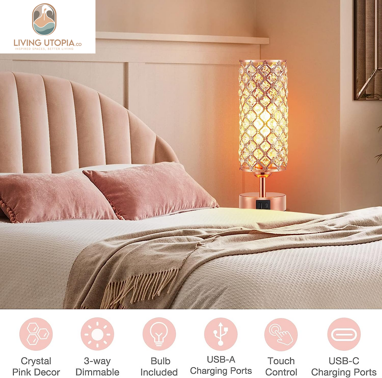 Crystal Table Lamp - 3-Way Dimmable Touch Control, Rose Gold Bedside Lamp with USB C and a Ports, Nightstand Light for Living Room, Bedroom, Home Office (Bulb Included)