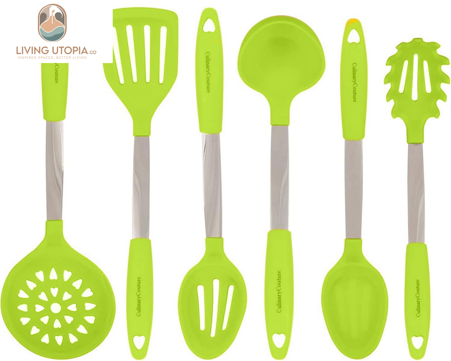 6-Piece Stainless Steel & Silicone Kitchen Utensils Set, Silicone Cooking Utensils, Heat Resistant Kitchen Cooking Utensils Set, Lime Green