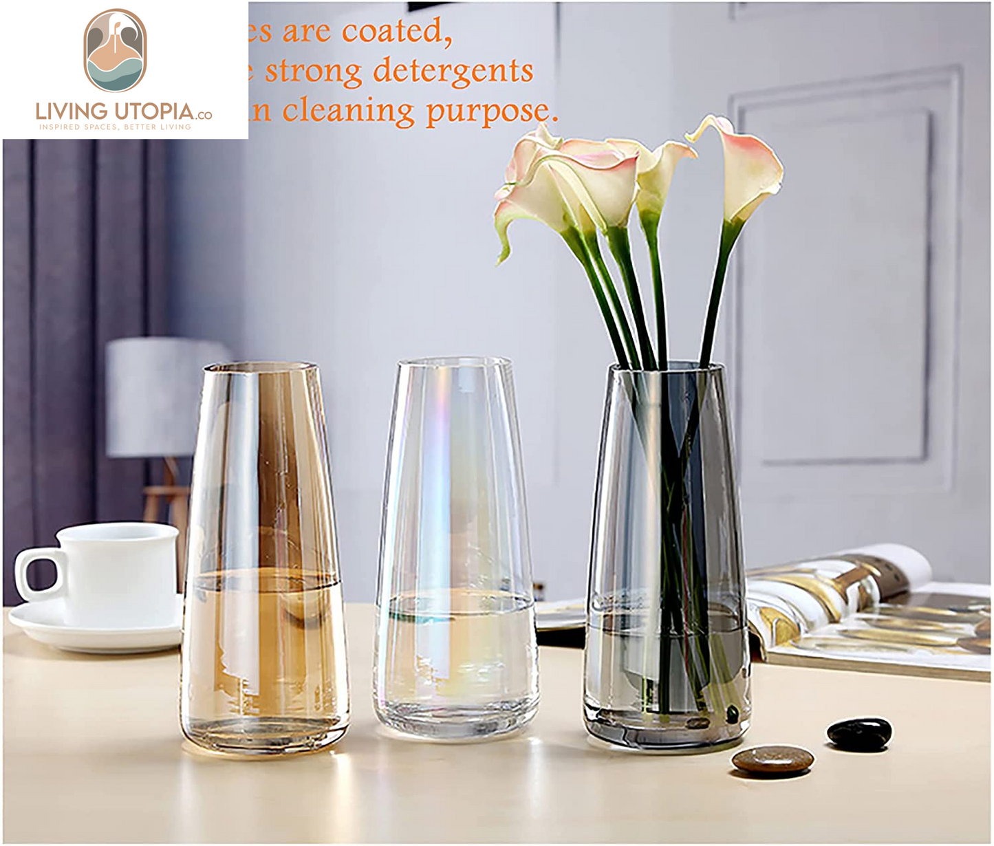 Modern Glass Vase Irised Crystal Clear Glass Vase for Home Office Decor (Crystal Amber)