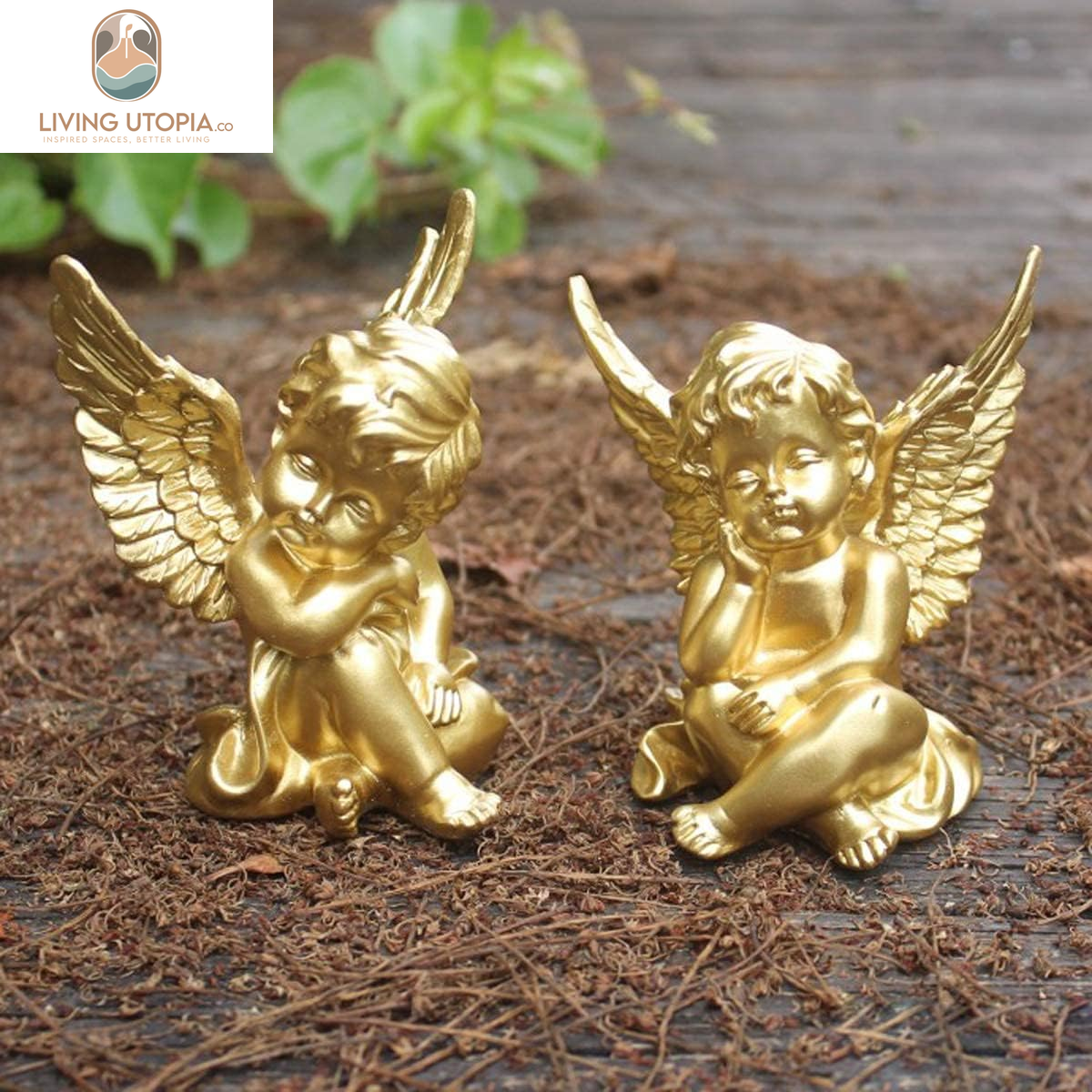 Set of 2 Cherubs Angels Resin Statue Figurine, Indoor Home Decoration, Adorable Angel Sculpture Memorial Statue 4" - Gold