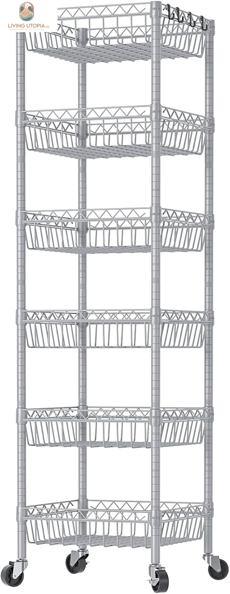 6 Tier Wire Shelving Unit with Baskets Storage Rack Corner Shelves Adjustable Shelf Closet Bathroom Organizers Metal Pantry Kitchen Garage Laundry Room 13.5" D X 13.5" W X 63" H Silver