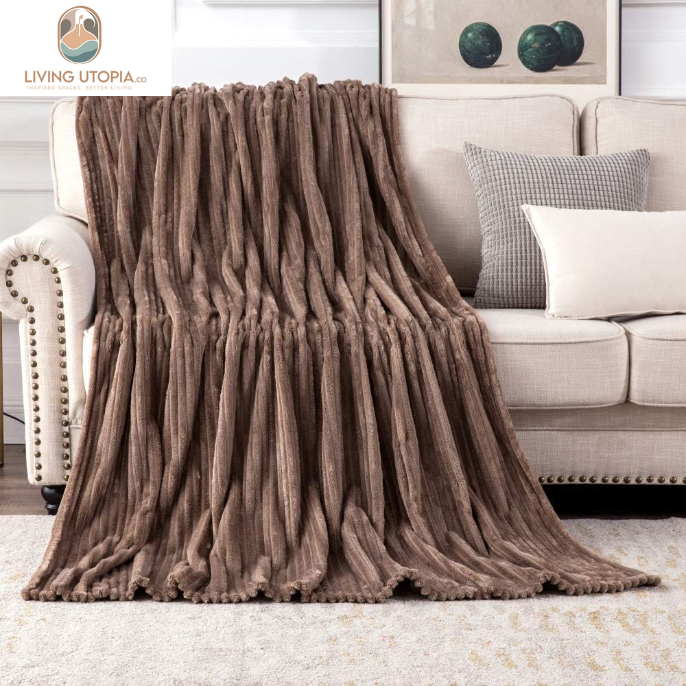 Fleece Throw Blanket for Couch 300GSM Super Soft Lightweight Plush Striped Blanket, Brown Warm Cozy Breathable Ribbed Flannel Blanket for Bed/Sofa, Twin Size 60"X80"