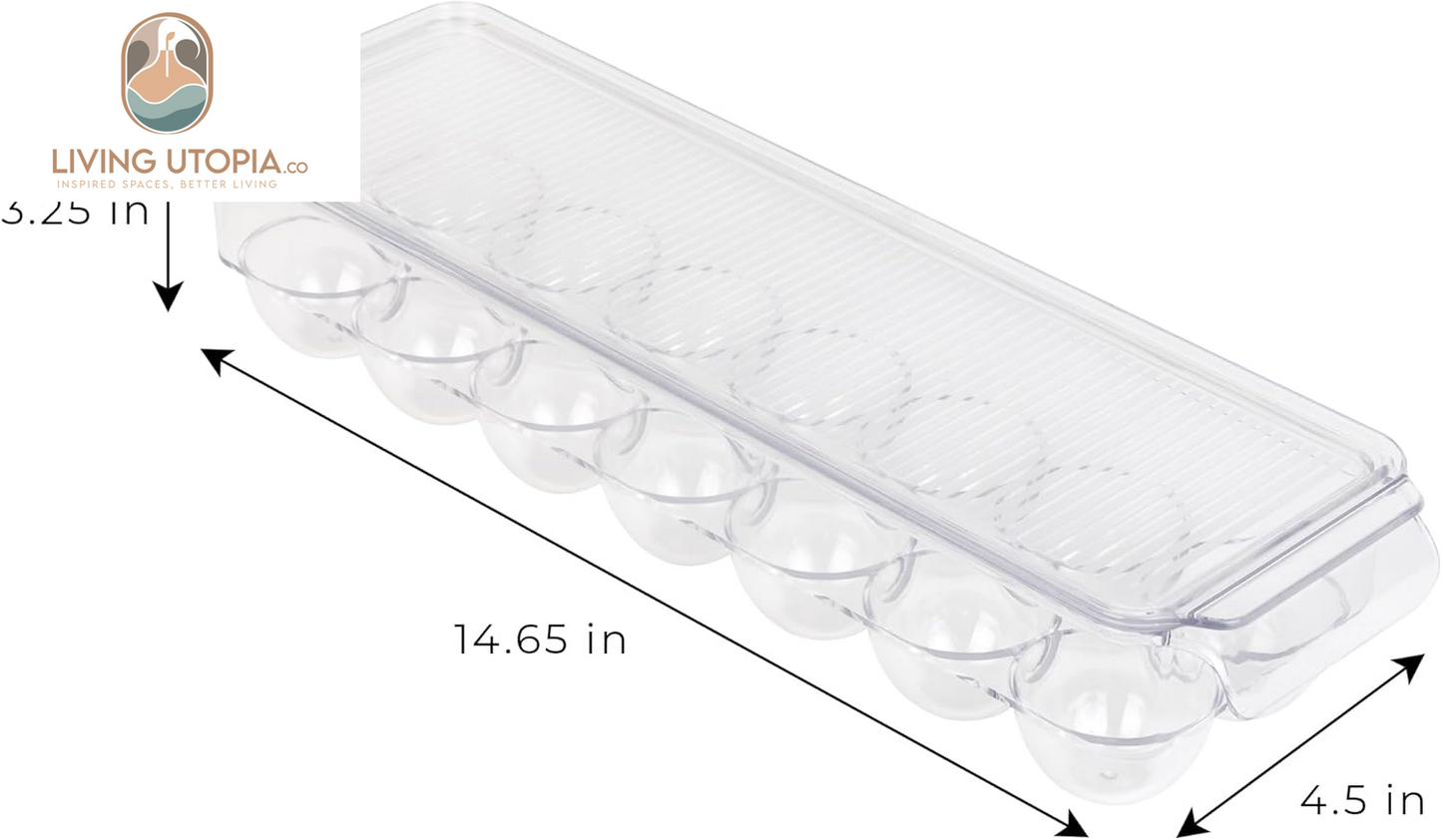 Stackable Refrigerator Egg Holder Bin with Handle and Lid - BPA Free Plastic - Fridge Drawer, Freezer Tray, Kitchen Pantry Storage Container Organizer - 14.65 X 3.25 Inch - Clear