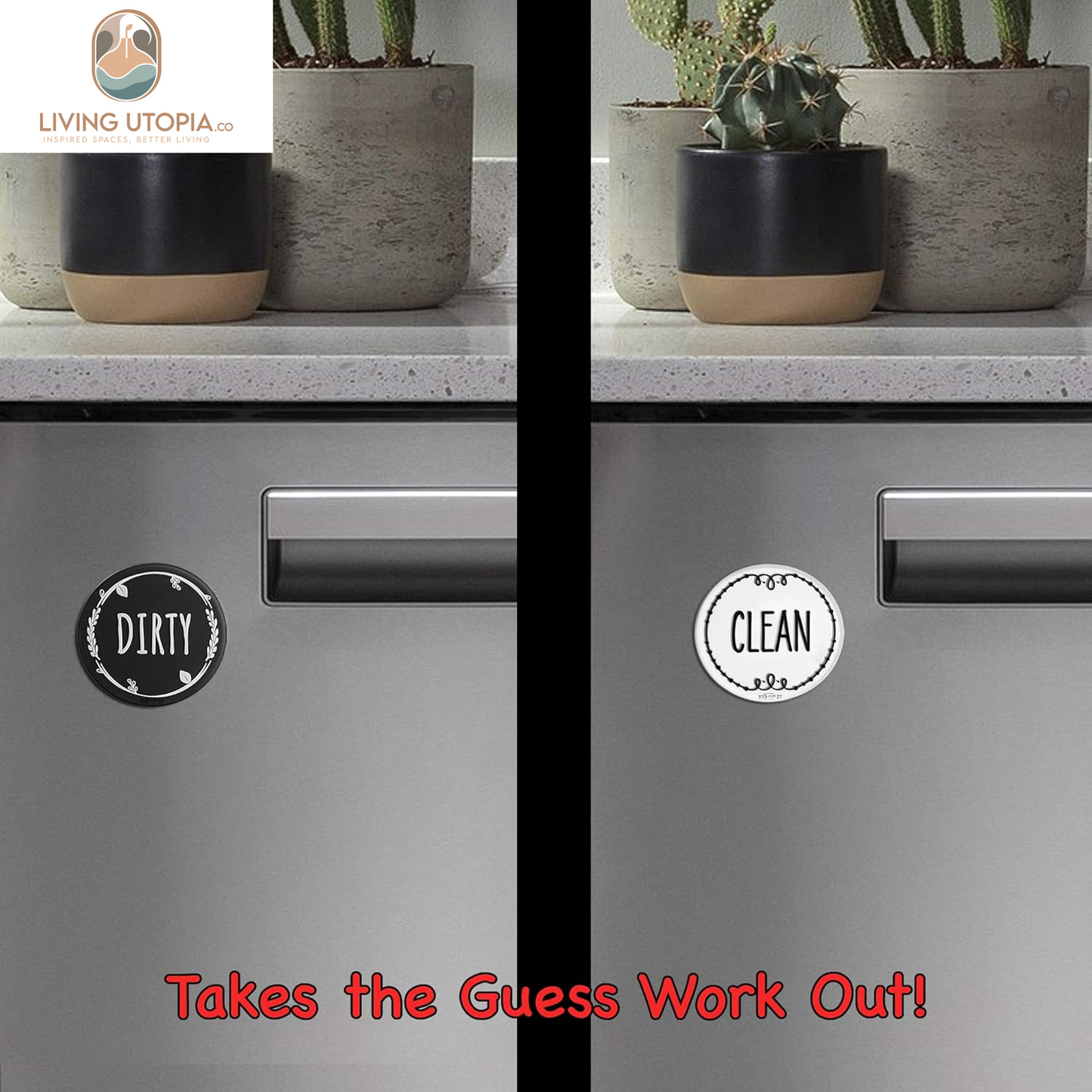 Circle Black & White Silicone Dishwasher Magnet Clean Dirty Sign, Double Sided Dirty Clean Dishwasher Magnet Indicator, Strong Non-Scratching Magnet, Kitchen Safe, Waterproof, and Decorative Design