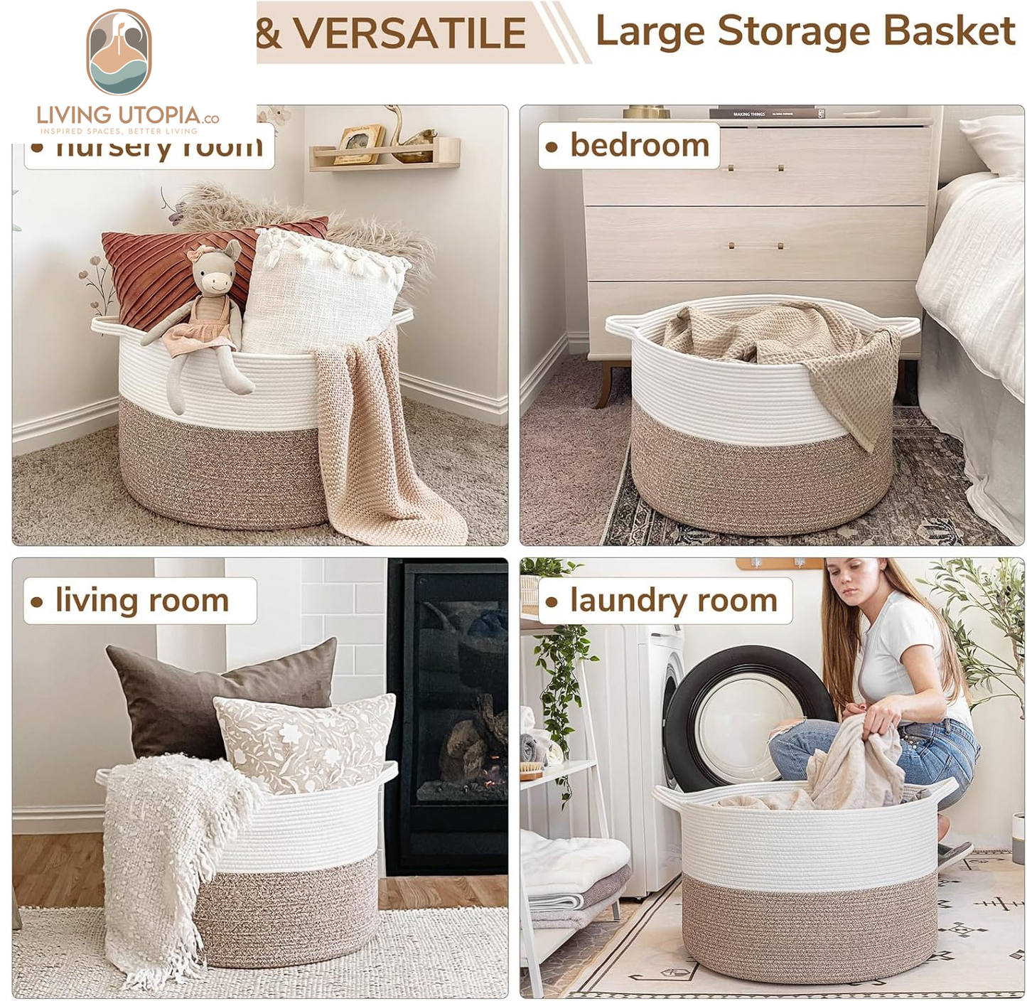 Xxxlarge Cotton Rope Basket 21.7" X 21.7" X 13.8" Woven Baby Laundry Blanket Basket Toy Basket with Handle Storage Comforter Cushions Thread Laundry Hamper White & Brown