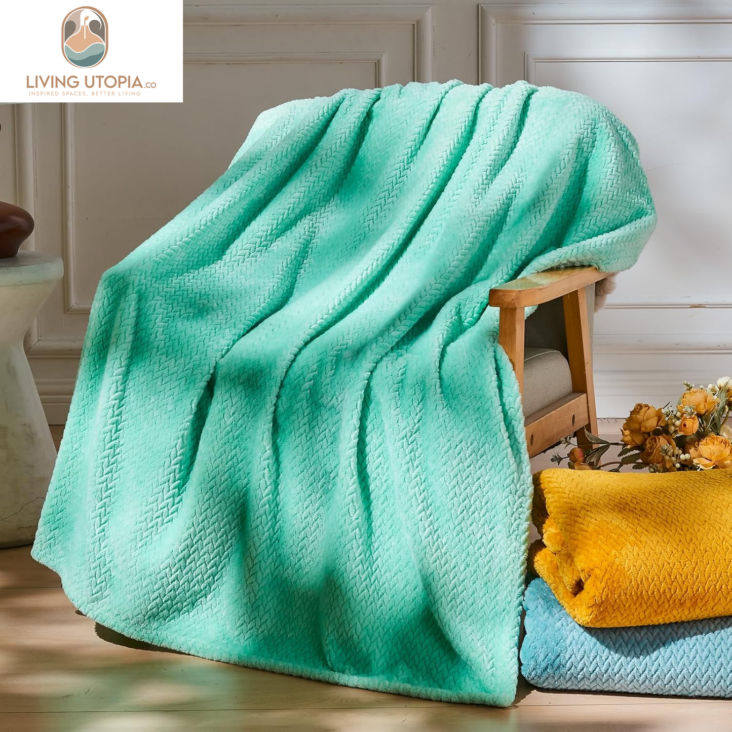 Super Soft Throw Blanket Aqua Premium Silky Flannel Fleece Leaves Pattern Lightweight Bed Blanket All Season Use (Aqua, Throw(40"X50"))