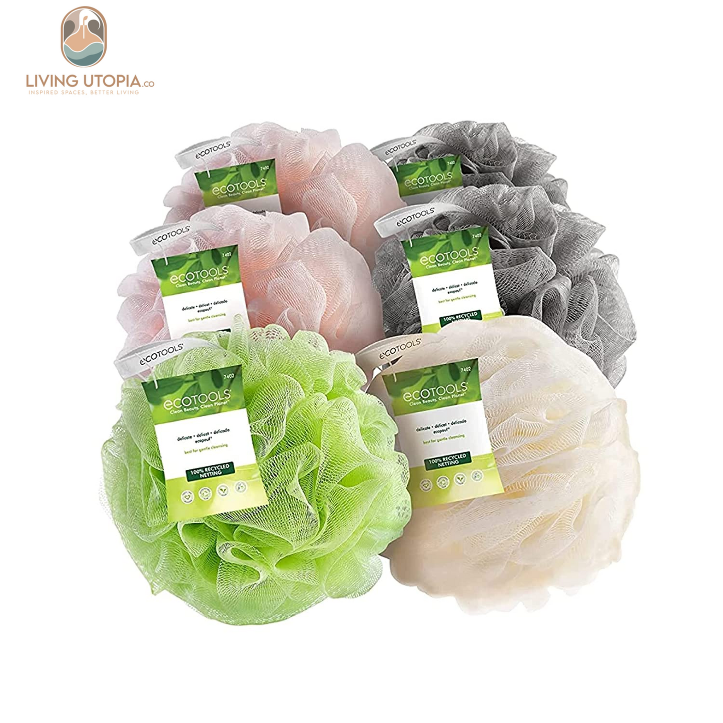Delicate Ecopouf Bath Sponge, Made with Recycled Materials, Exfoliating Bath Pouf, Loofah for Shower & Bath, in Assorted Colors, Green, White, Pink, and Gray, Perfect for Men & Women, 6 Count